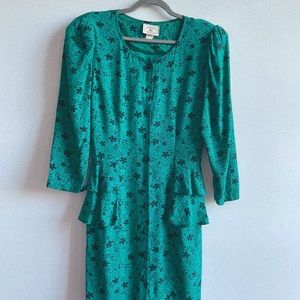 Vintage 80s Teal Peplum Floral Dress